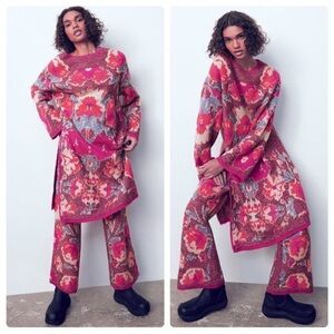 Zara FLORAL JACQUARD KNIT Matching Set Dress Pants Fuchsia
